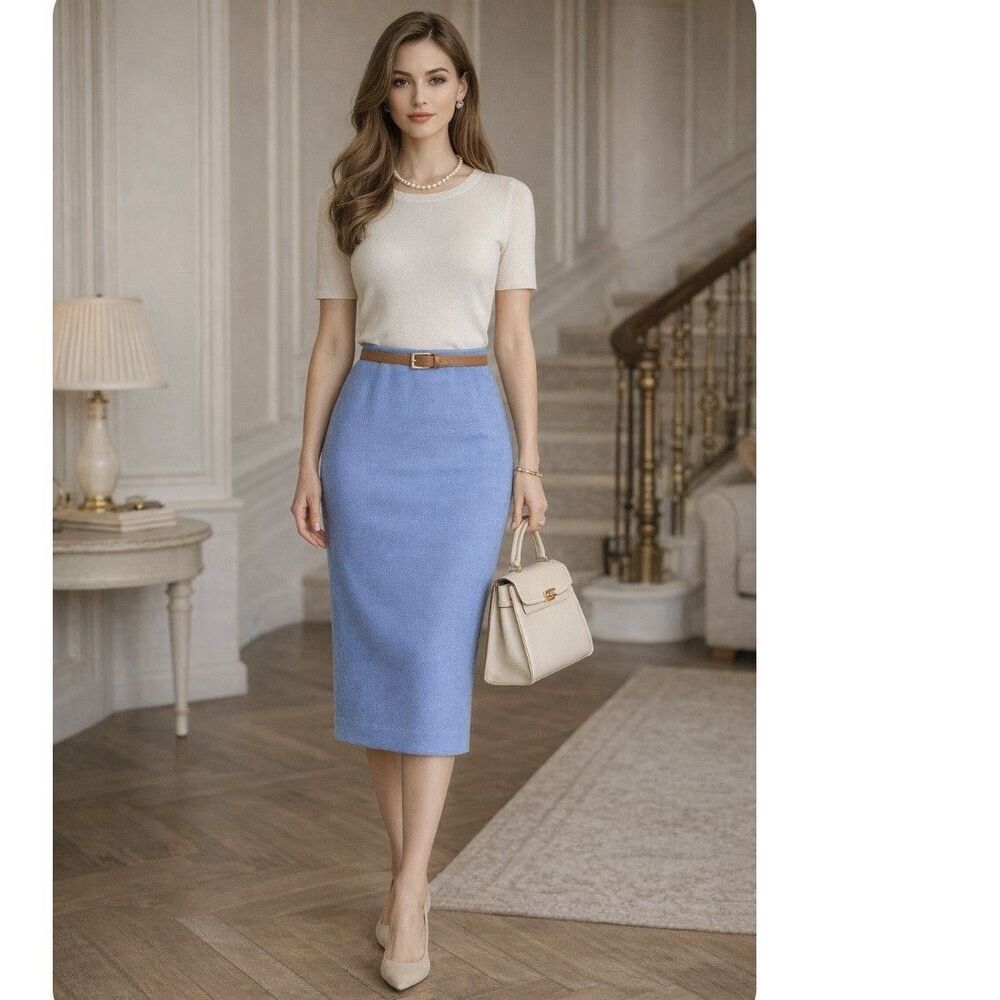 St. John by Marie Gray Santana Knit Pencil Skirt Blue Size 4 Pull On Classic